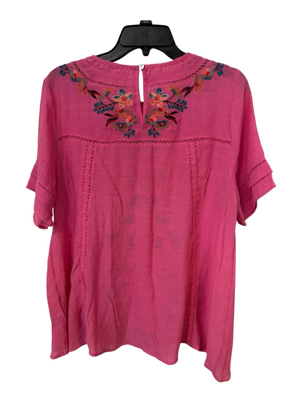 Umgee Pink Floral Embroidered Boho Blouse Large Crochet Lace Short Sleeve - Picture 3 of 5